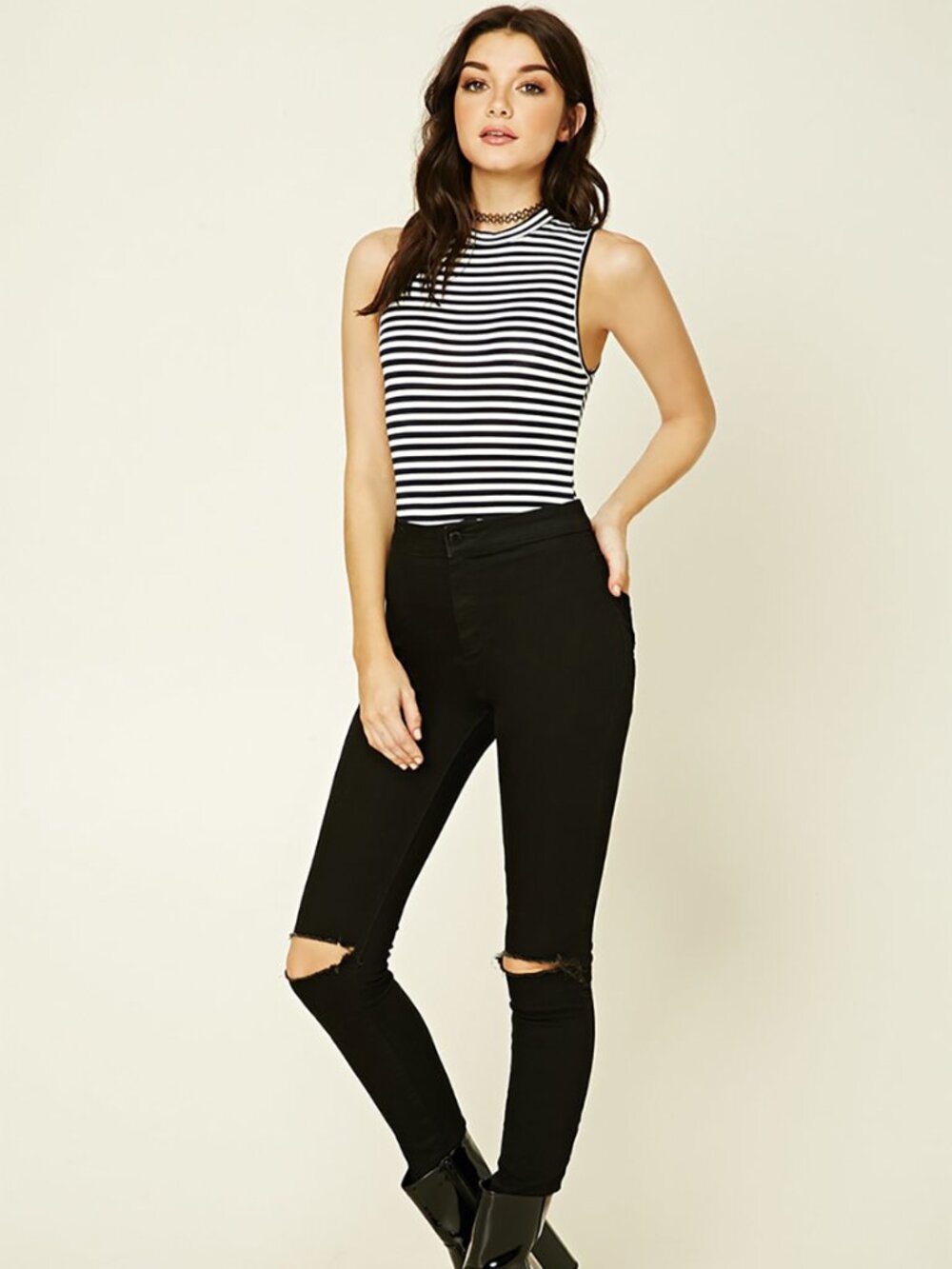 Forever 21 sleeveless black and white striped high neck bodysuit Small NWT NEW